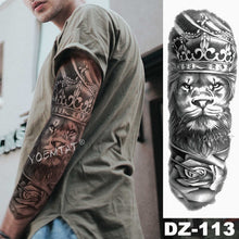 Load image into Gallery viewer, Large Arm Sleeve Tattoo Lion Crown King Rose Waterproof Temporary Tatoo Sticker Wild Wolf Tiger Men Full Skull Totem Tatto